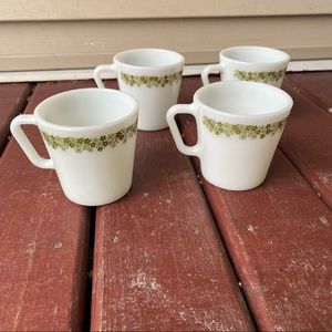 Set of 4 vintage Pyrex spring blossom crazy daisy D-shape handle milk glass mugs